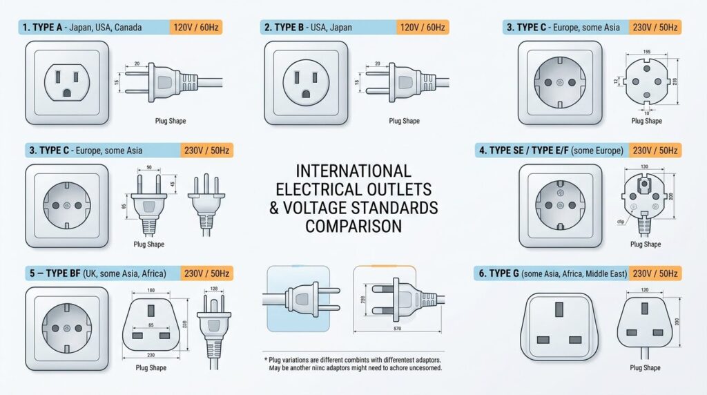 世界各国の電源プラグと電圧規格の比較図