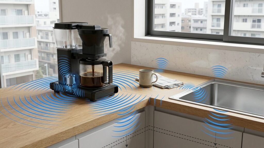 コーヒーメーカーからキッチンカウンターへ伝わる振動の概念図