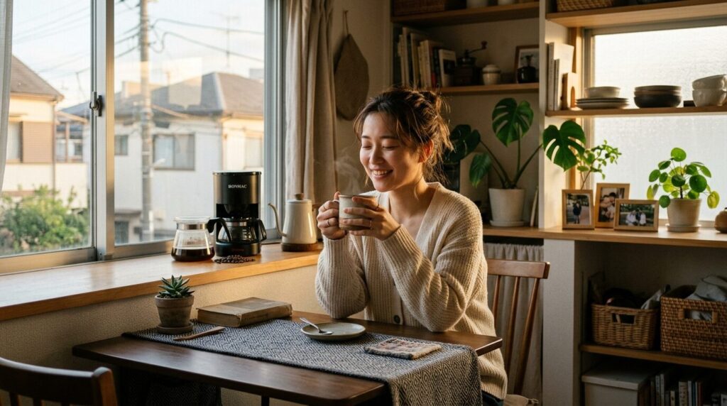 一人暮らしで自宅で淹れたコーヒーを楽しむ穏やかなリラックスタイム