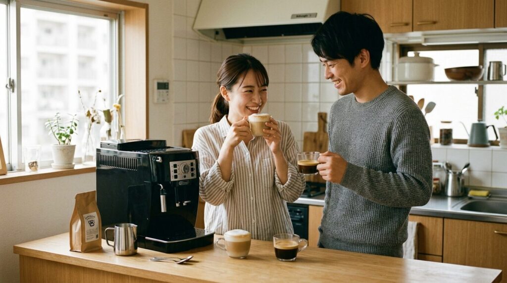 コンパクトなデロンギマグニフィカSで初めてのコーヒーを楽しむ日本の夫婦
