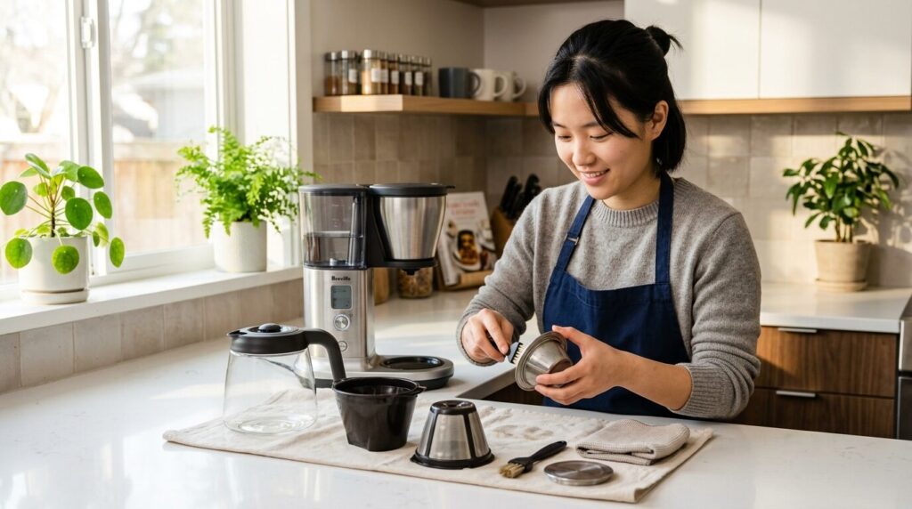 明るいキッチンでコーヒーメーカーのパーツを分解してメンテナンスする様子、清掃のしやすさを示す実用的な写真
