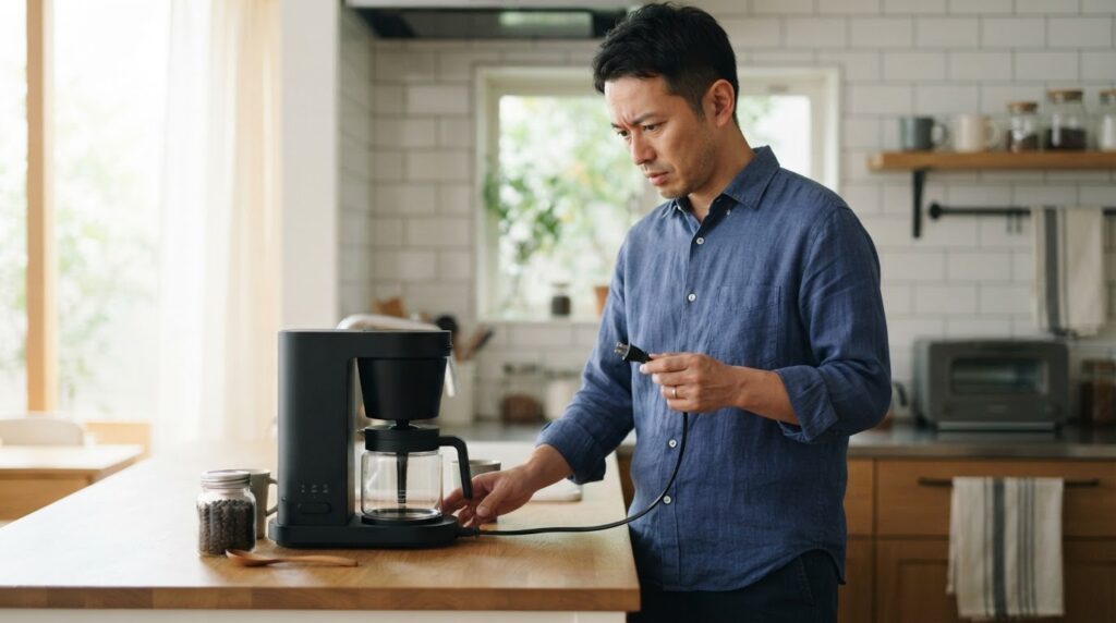清潔なキッチンで40代の日本人男性が、ドリップコーヒーメーカーの電源コードと本体を注意深くチェックし、焦げ臭さや煙、異常発熱などの危険な兆候がないかを確認している様子。