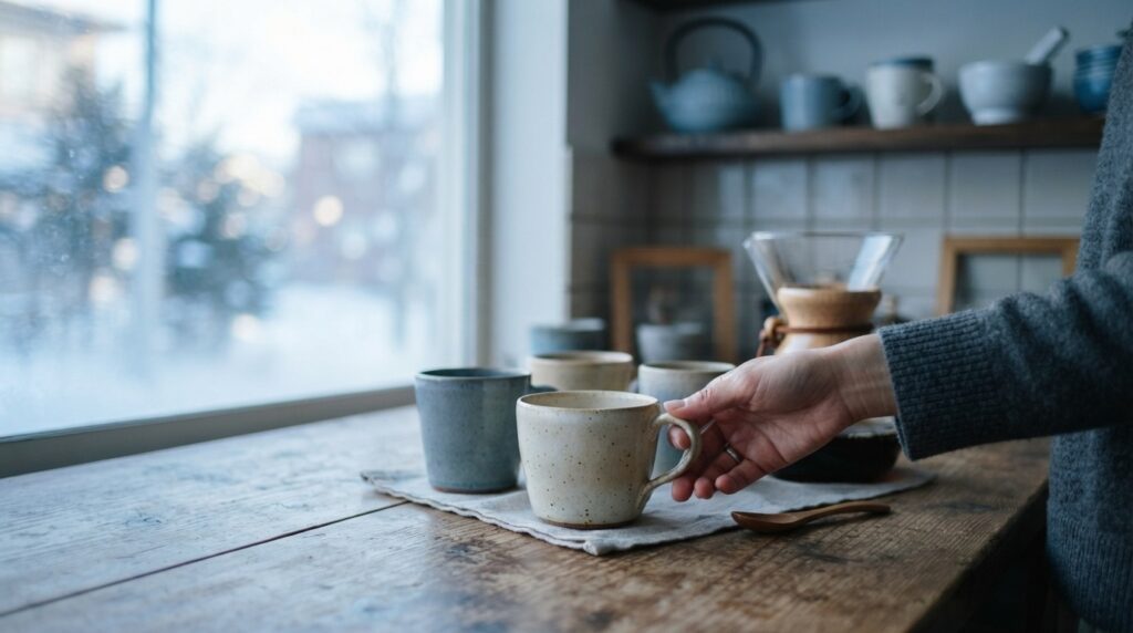 冬の朝の冷たい室温のキッチンに置かれた陶器製のコーヒーカップとガラスのコーヒーポット。
