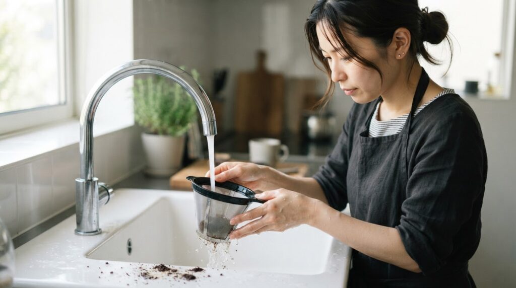 ステンレス製のシンクで、30代の日本人女性がメッシュ製のコーヒーフィルターを水道水で優しく洗いながら、コーヒーの粉の付着を丁寧に見ている。
