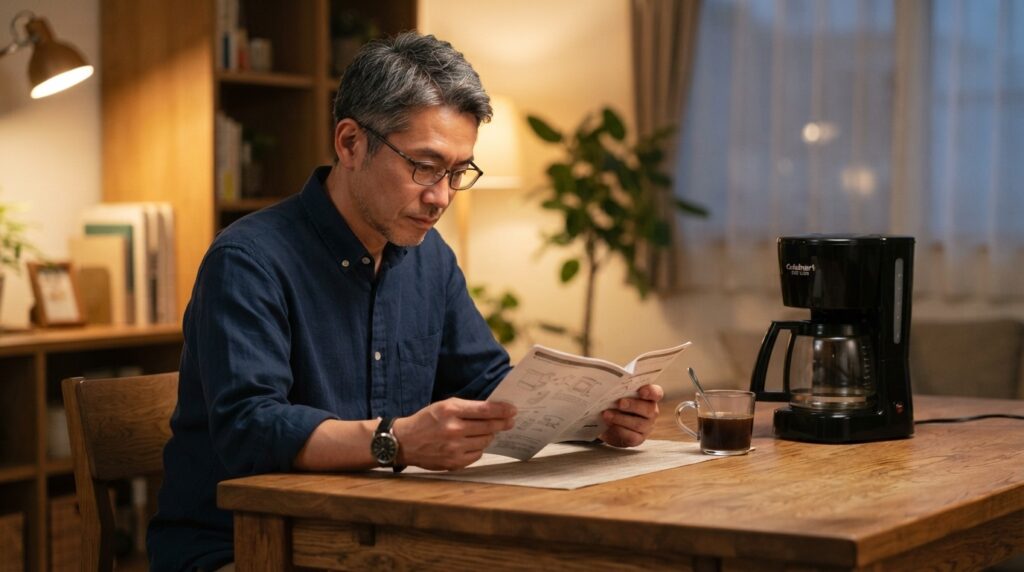 木製ダイニングテーブルで、眼鏡をかけた40代の日本人男性が印刷された取扱説明書を両手で持ち、真剣な表情で読んでいる。