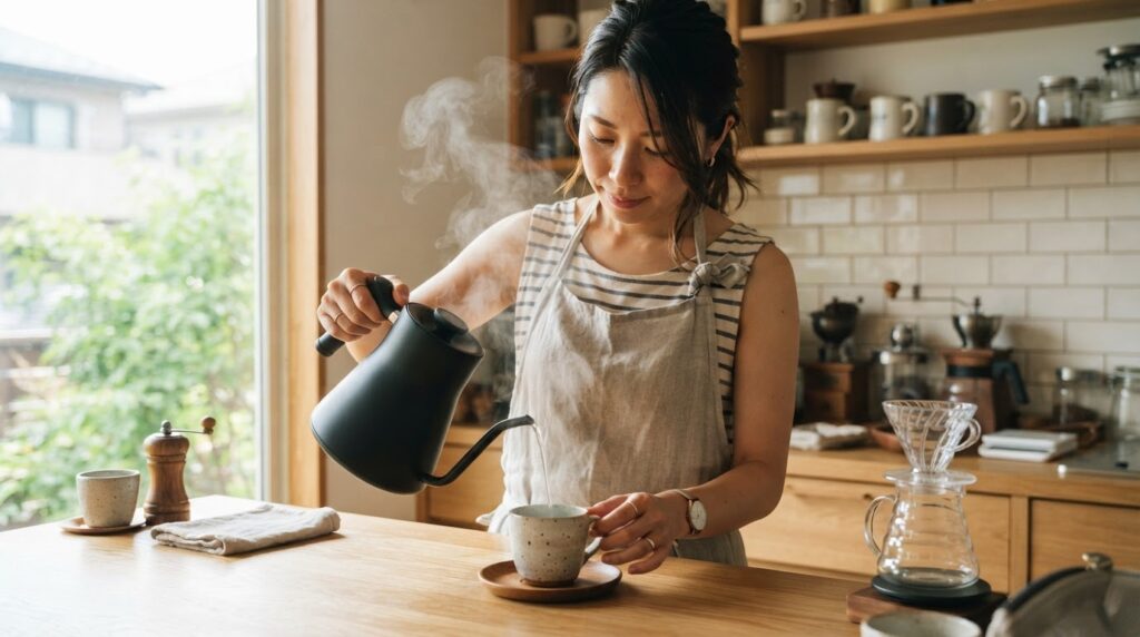 日の差し込むキッチンで、30代の日本人女性がケトルからお湯を陶器製のコーヒーカップへ丁寧に注いで予熱している。
