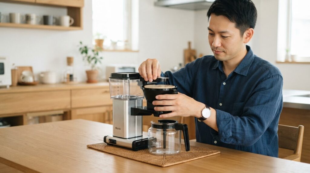 清潔なキッチンテーブルで、30代の日本人男性がフィルターバスケット、ガラスポット、水タンクなどのパーツを正しく並べ、慎重に取り付け直している。