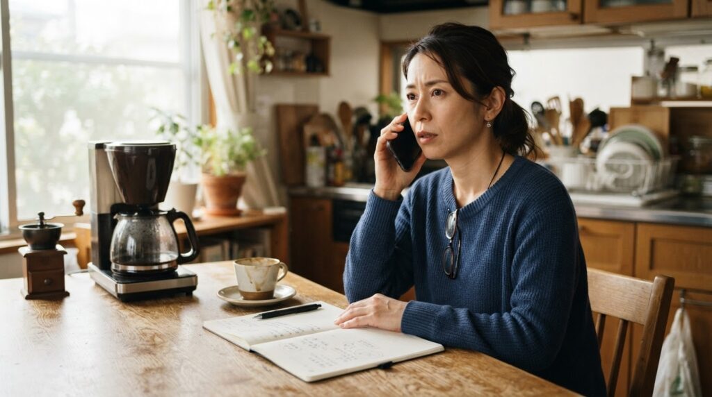 木製ダイニングテーブルで、40代の日本人女性がスマートフォンを使ってメーカーのカスタマーサポートに連絡している。