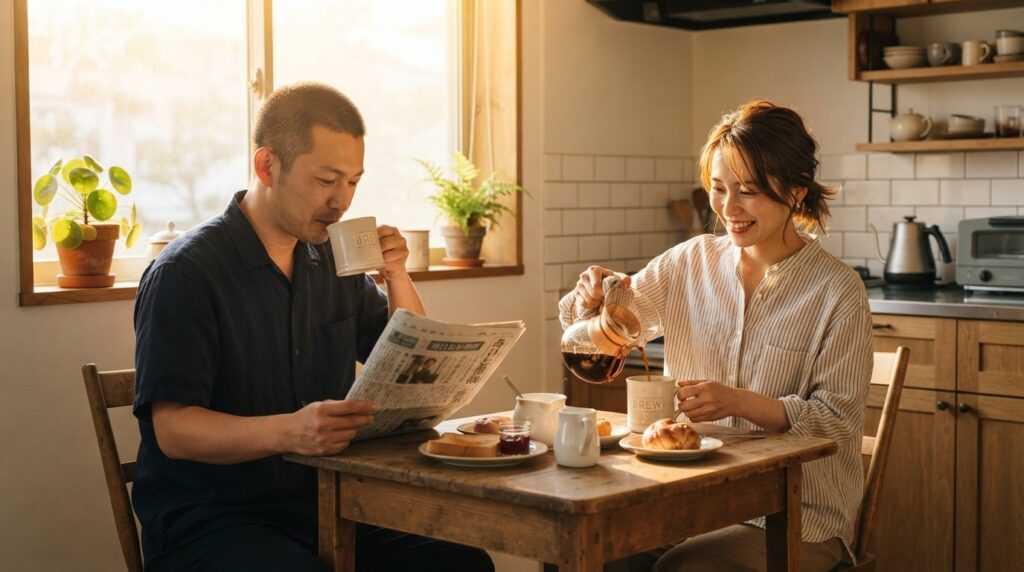 明るい朝の光が差し込むキッチンで、30代の日本人カップルが穏やかな朝のコーヒータイムを過ごしている。