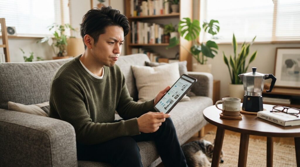 モダンなリビングルームのソファで、30代の日本人男性がタブレット端末を操作しながら、コーヒーメーカーに関する疑問を調べている。