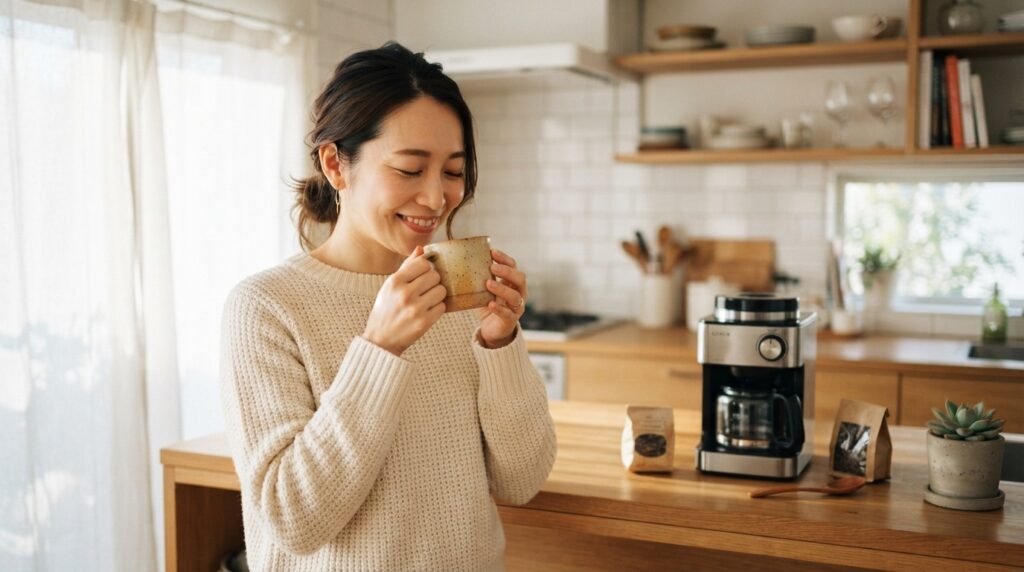朝の光の中でマグカップのコーヒーを両手で包み、目を閉じて味わう日本人女性。