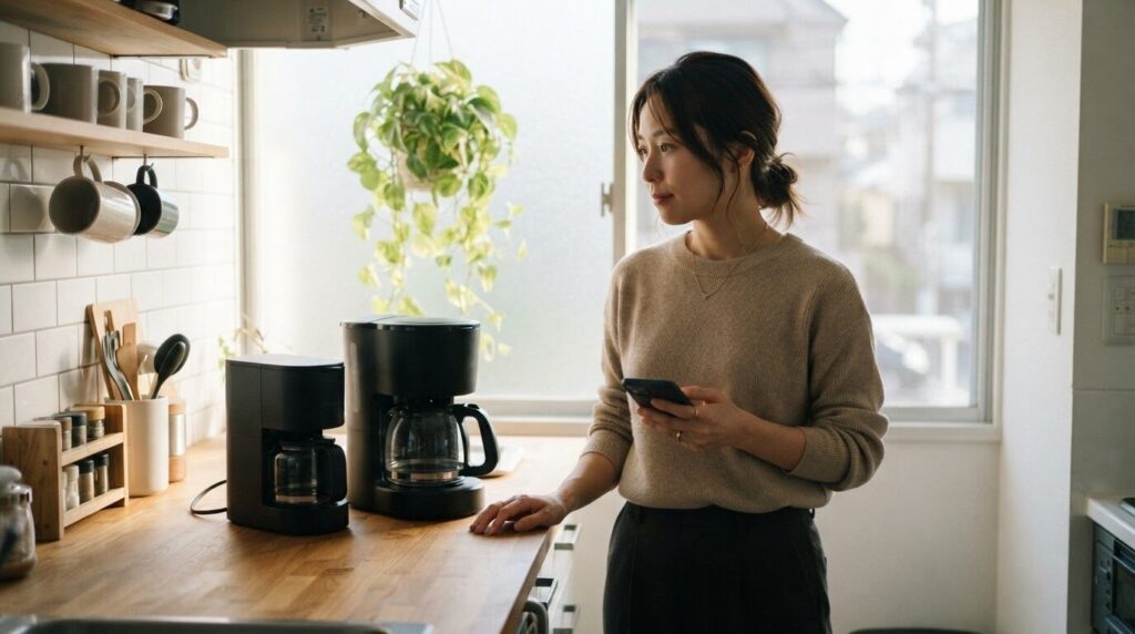 電動コーヒーメーカーの購入をスマホで検討する女性の朝のキッチン風景