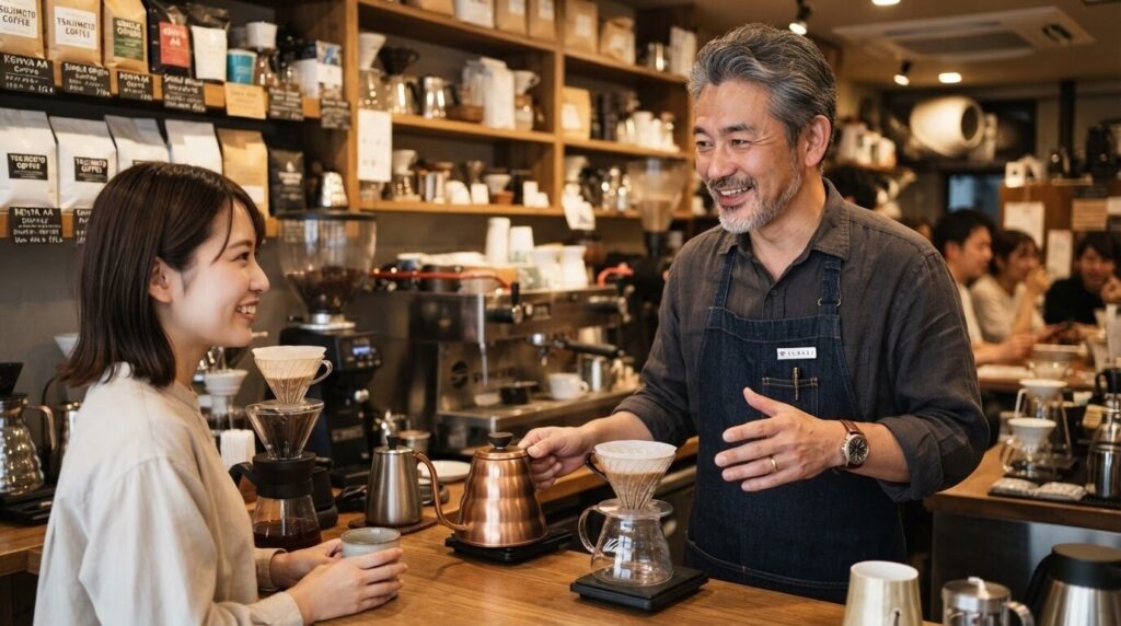 背景にコーヒー豆の棚があるカフェの雰囲気で淹れ方についてアドバイスする親しみやすい日本人専門家
