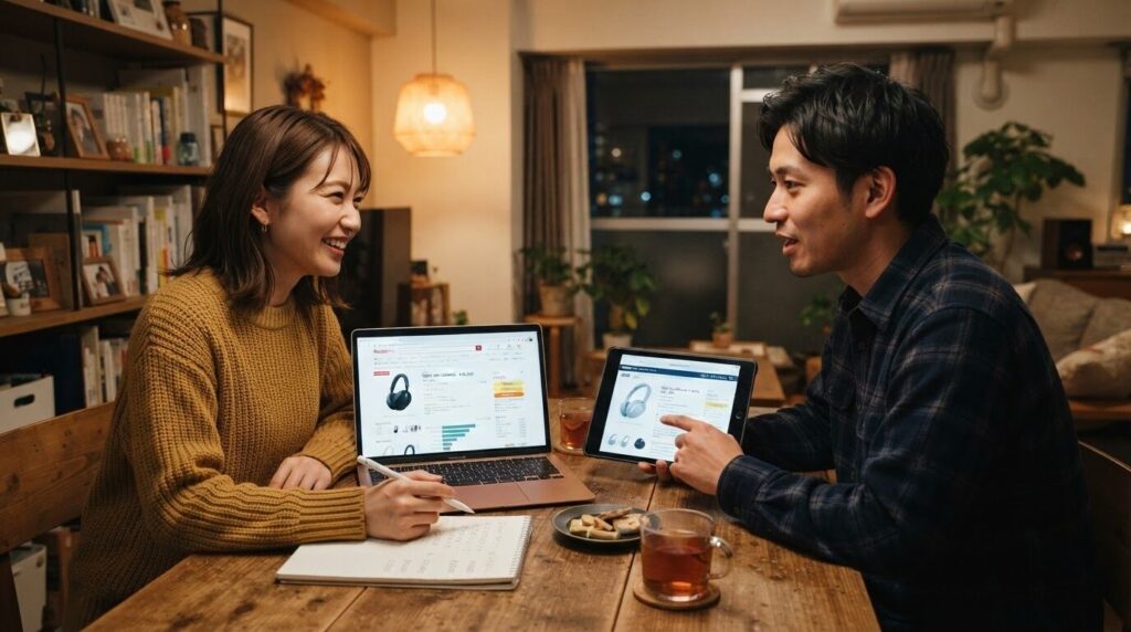 パソコンとタブレットで価格を比較する日本人夫婦。購入判断を二人で相談する協力的な姿勢