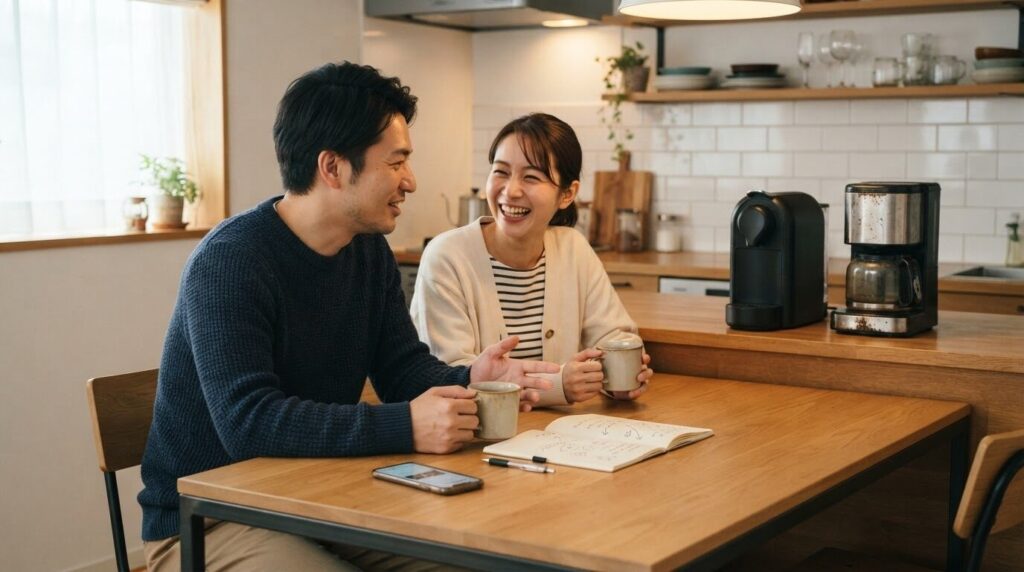 古い機種と新しい電動コーヒーメーカーを並べて買い替え相談する夫婦
