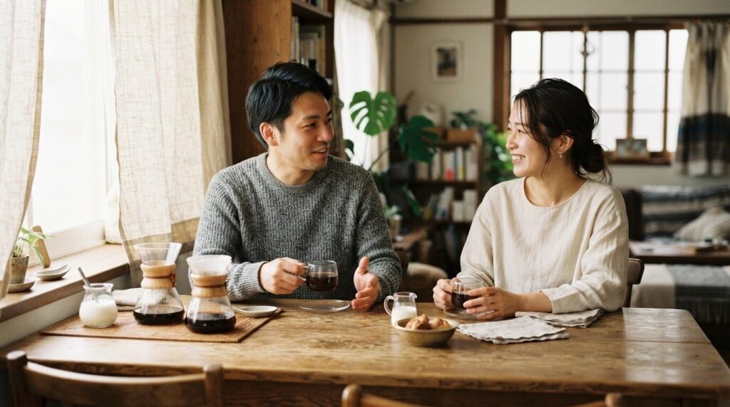 休日の朝、淹れたてのコーヒーをテーブルで味わいながら穏やかに会話する日本人夫婦