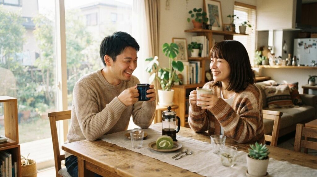 自宅でお互いに満足げにコーヒーを楽しむ夫婦。