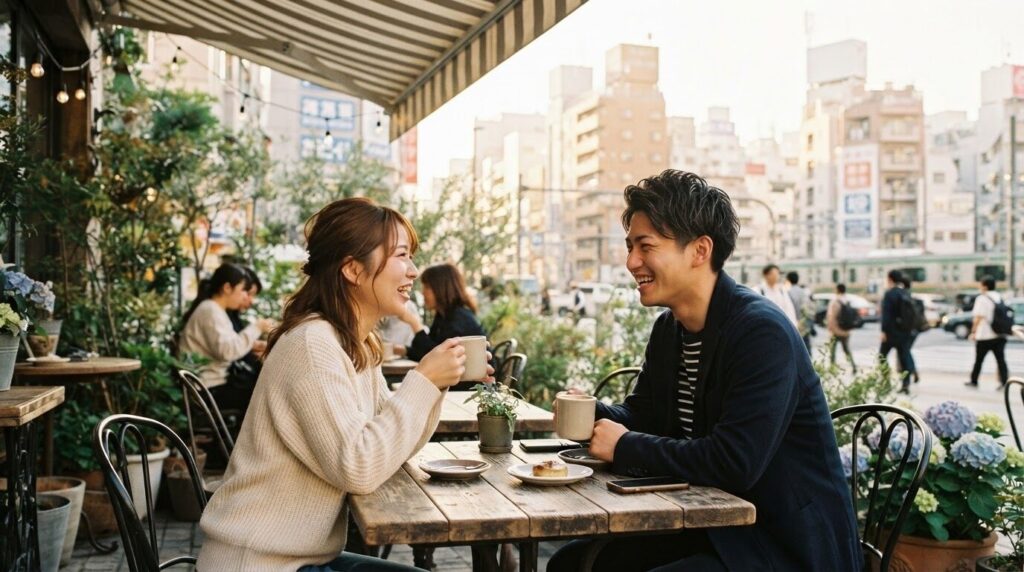 朝の日差しの中で屋外カフェテラスでコーヒーを楽しそうに交わす日本人カップルの自然な笑顔のライフスタイル写真