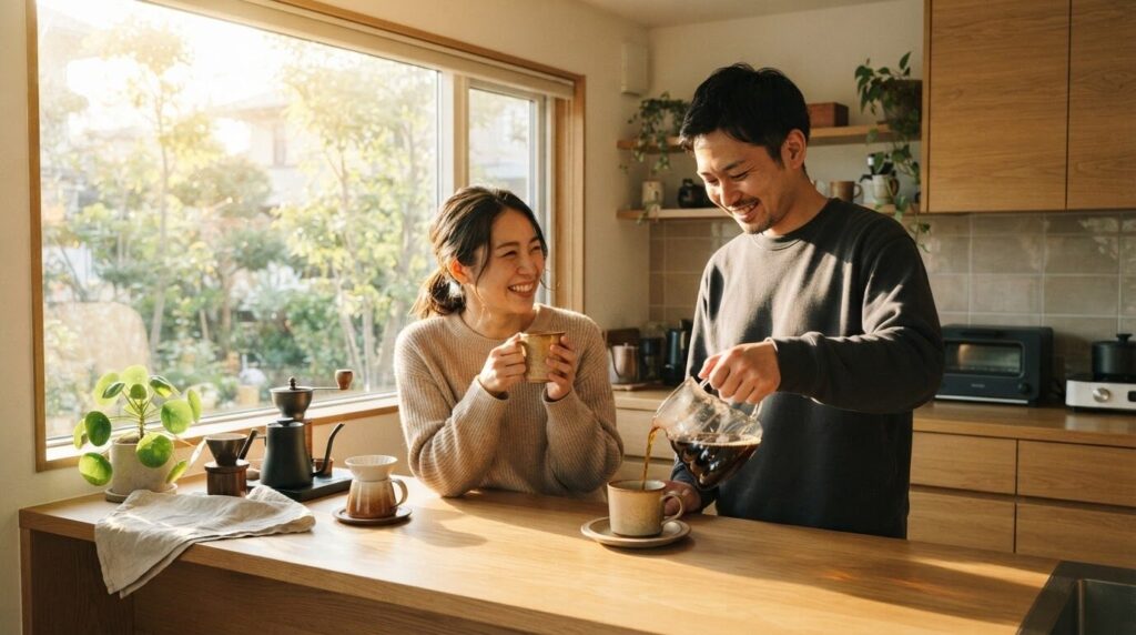 明るいキッチンでガラスサーバーから注いだコーヒーを楽しむ日本人夫婦。問題解決後の満足感と朝の安らぎを表現するエンディングビジュアル。
