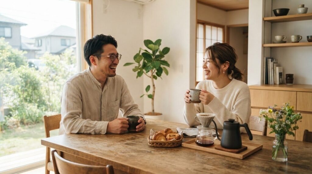 休日の朝、テーブルで淹れたてのコーヒーを楽しみながら会話する日本人夫婦