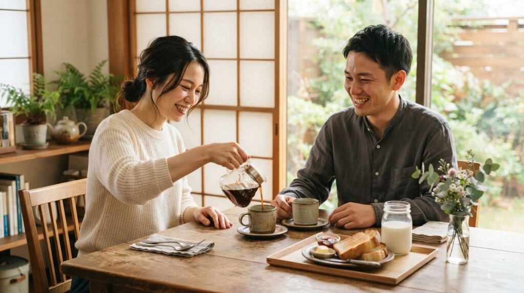 明るいダイニングテーブルで夫婦が笑顔でお互いのマグカップにコーヒーを注ぎ合う、温かい朝の団らんシーン。