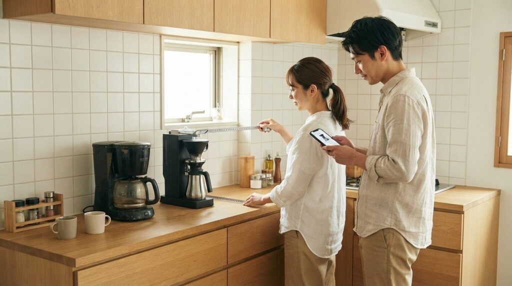 設置スペースを測りながら買い替えを検討する日本人夫婦