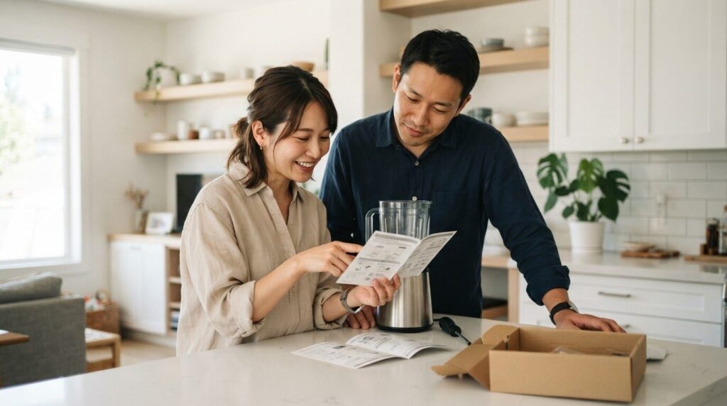 「キッチンで取扱説明書を開いて内容を話し合う日本人夫婦。購入後のサポート体制や取扱説明書の重要性を示す画像」