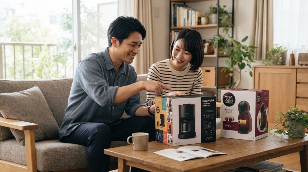 明るいリビングルームで二人の異なるコーヒーメーカー製品をカジュアルに比較検討する30代の日本人カップル。製品の選択に親しみやすい雰囲気。