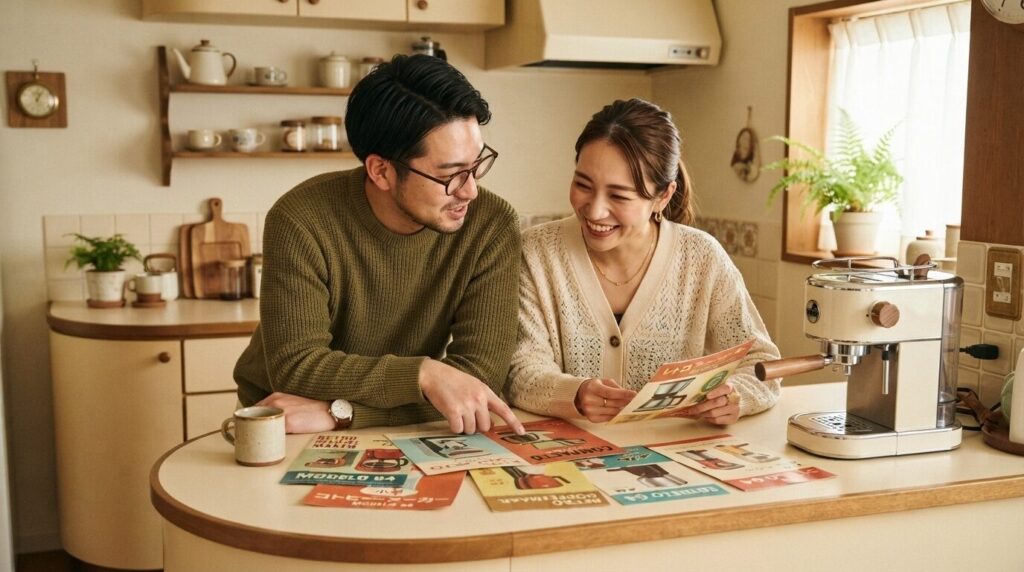 「アイボリー色の壁と丸みのある角を持つ木製カウンターが広がるレトロなコンパクトキッチンで、クリーム×ステンレスの小型家電を参考として横に置き、複数のパンフレットを真剣な表情で比較検討する日本人夫婦」