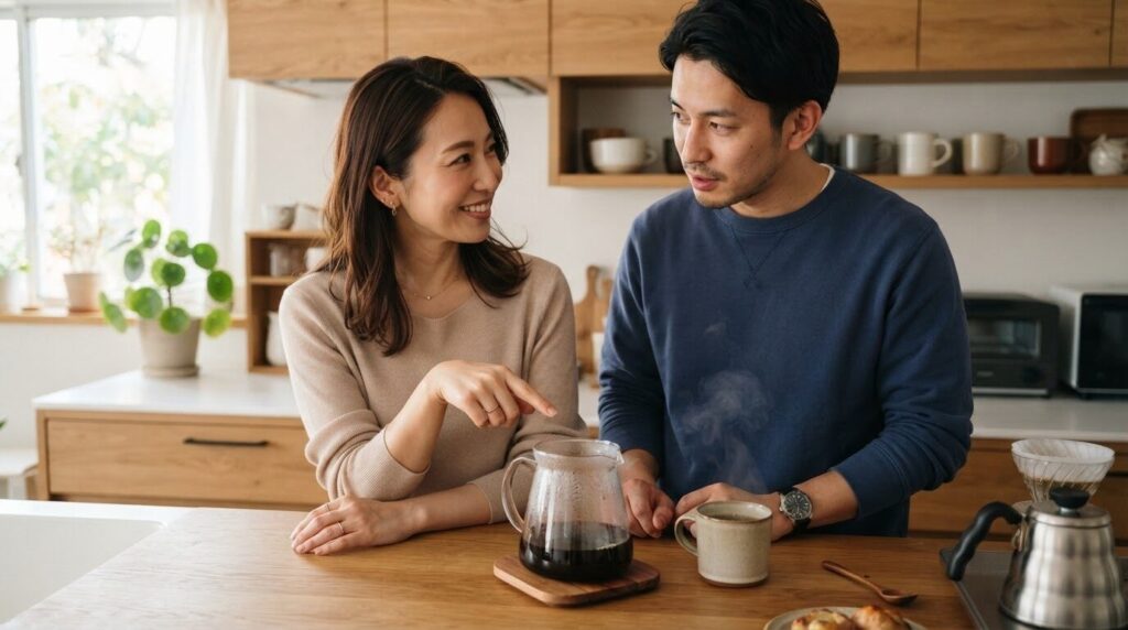 キッチンカウンターでガラス容器について話し合う日本人夫婦。適合部品を相談する協力的なシーン。