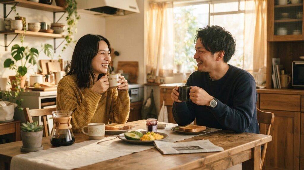 朝の柔らかな日差しが差し込むダイニングテーブルで、笑顔で向きあいながらマグカップのコーヒーを楽しむ30代の日本人夫婦。コーヒーのある幸せな朝の共有シーン。