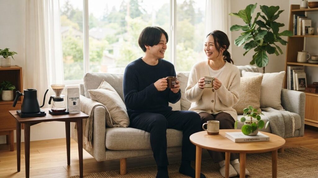 リビングで二人でゆったりと朝のコーヒータイムを楽しむ日本人カップル