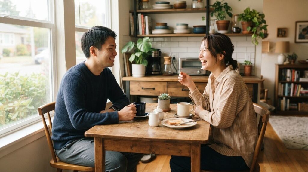 休日の朝、夫婦でゆっくりとテーブルを囲むシーン。