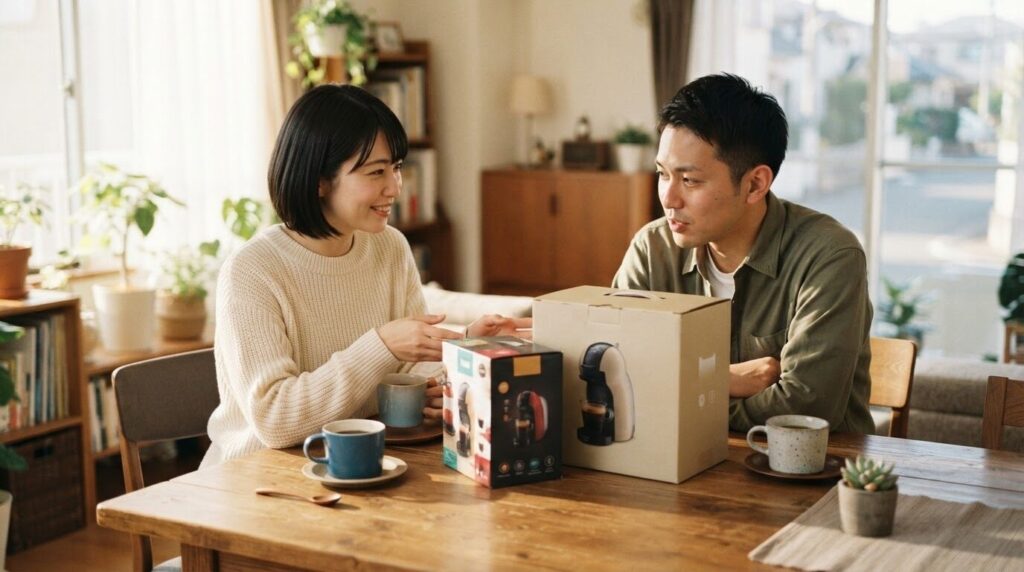 ダイニングテーブルで2つのコーヒーメーカーボックスを並べて、落ち着いて比較検討している日本人夫婦のライフスタイル写真。