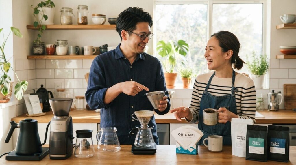 明るいキッチンで、自分の好みを伝え合いながら、コーヒーextract スタイルについて笑顔で話し合っている日本人夫婦。