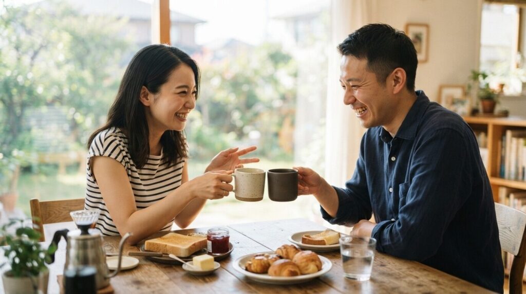 テーブルの上で2つのコーヒーを見比べる夫婦