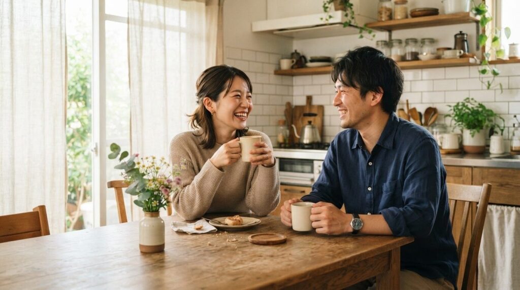 明るいキッチンでテーブルを囲み、笑顔でコーヒー片手におしゃべりする日本人夫婦