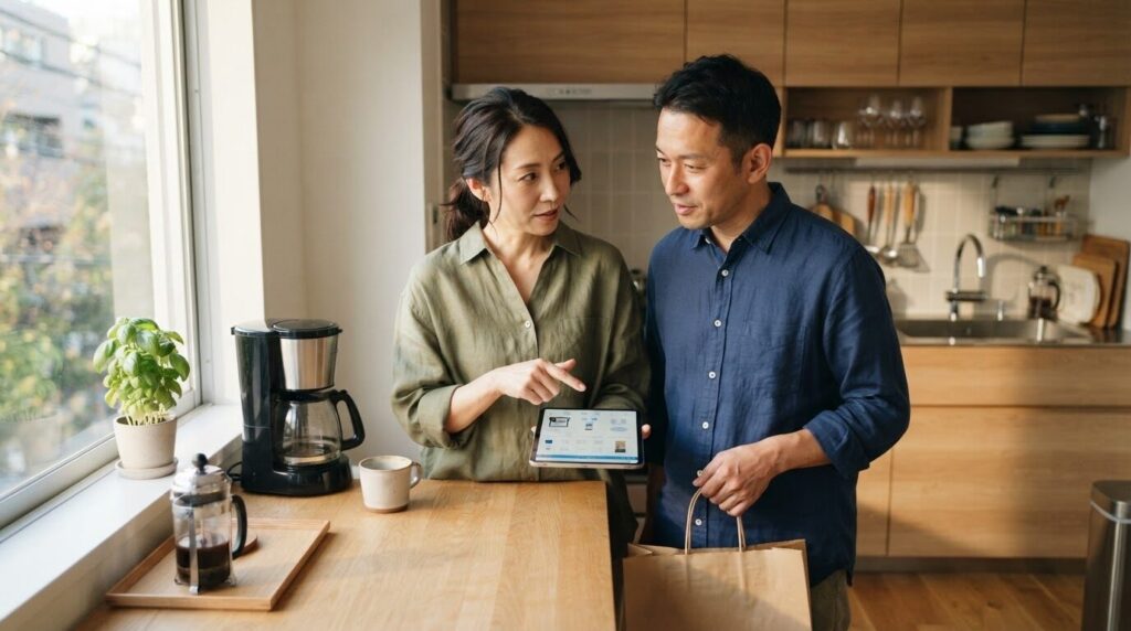ノートパソコンでコーヒーメーカーの公式説明書を確認する日本人夫婦