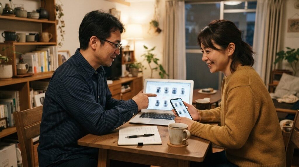 電動コーヒーメーカーの価格を比較検討する夫婦のリビング