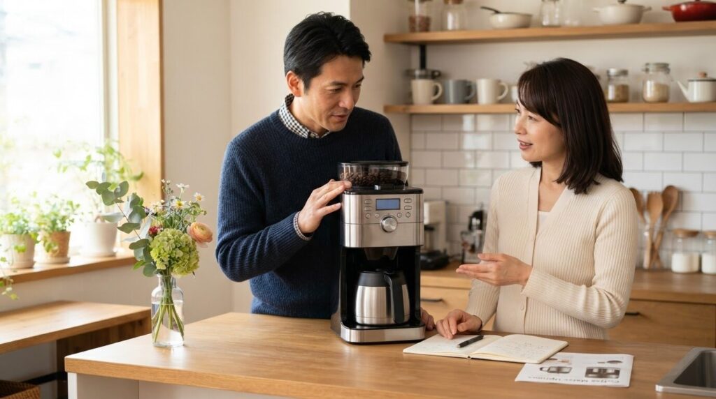 夫婦で電動コーヒーメーカーの購入を相談する家族の決め手シーン