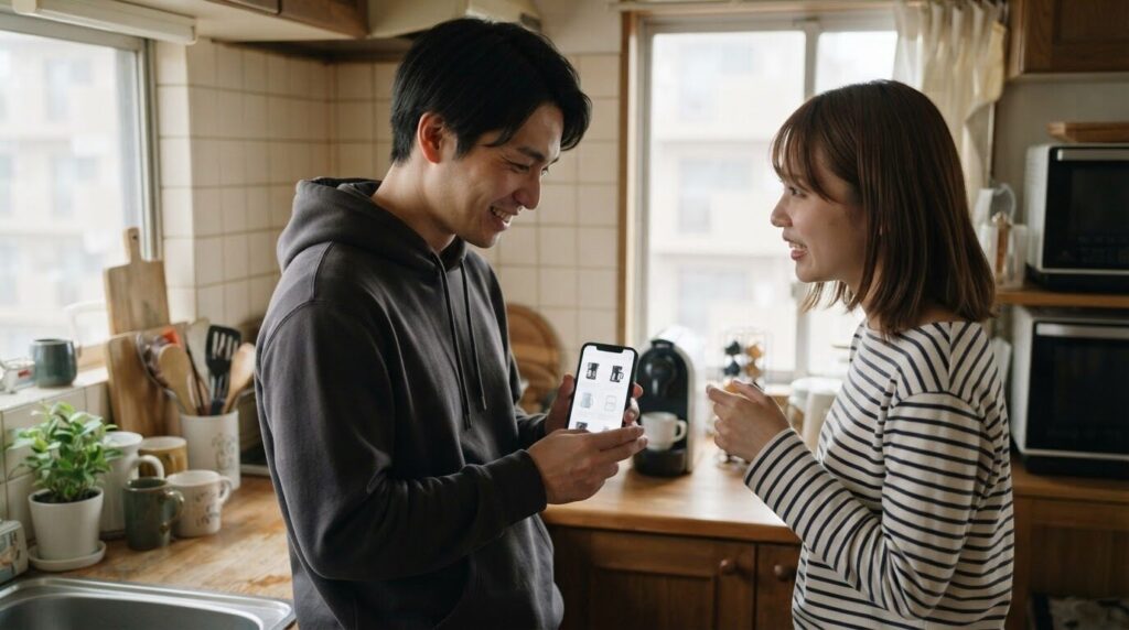 夫婦でスマホを見ながらコーヒーメーカーを検討するキッチン風景