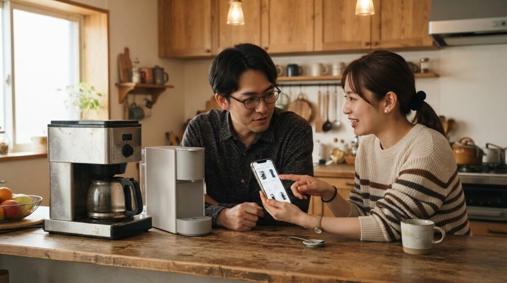 古いコーヒーメーカーと新しい電動コーヒーメーカーの買い替えを相談する日本人夫婦