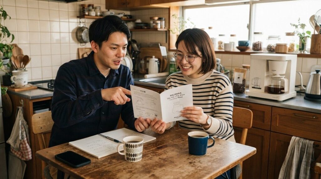 取扱説明書を見ながら型番情報を確認する二人