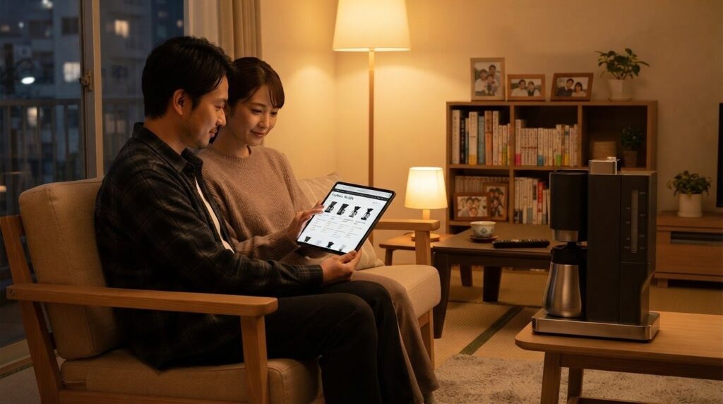 自宅のソファで電動コーヒーメーカーの価格や機能を相談する日本人夫婦