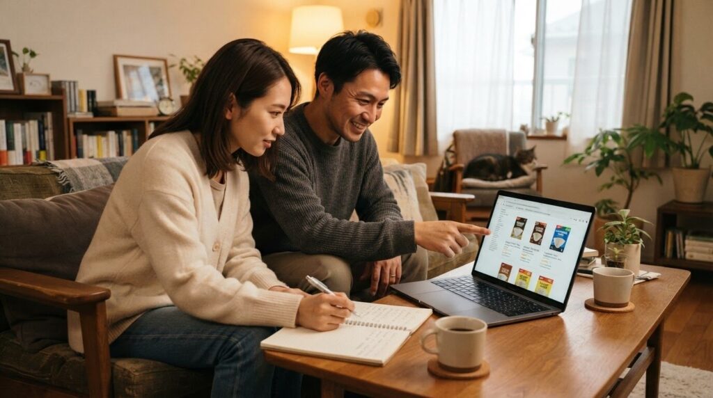 リビングでパソコン画面を見ながら、純正品と互換品のコーヒーフィルターを一緒に検討している日本人夫婦