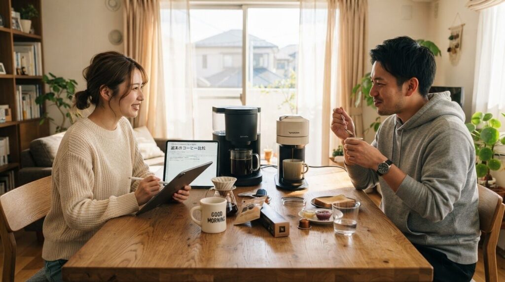朝食テーブルで2種類のコーヒーメーカーをノートに記録しながら比較する日本人の夫婦