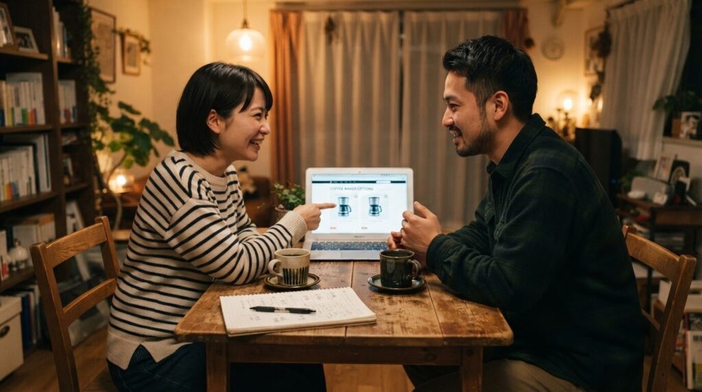夫婦で電動コーヒーメーカーの購入候補を比較検討するイメージ