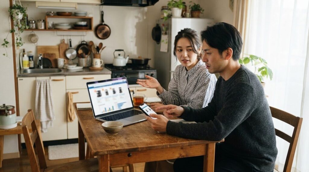 夫婦で電動コーヒーメーカーの価格やモデルを比較検討している様子