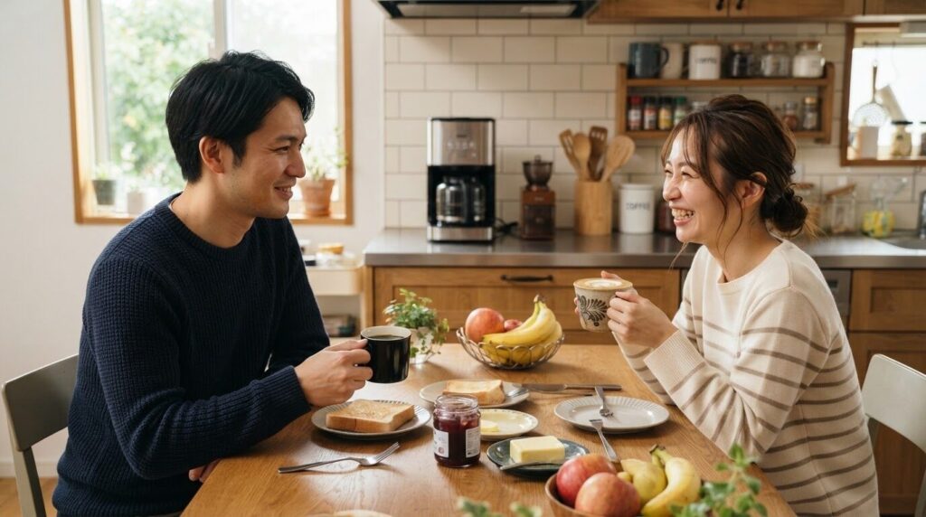 朝食中に夫婦で異なるコーヒーを楽しむキッチン