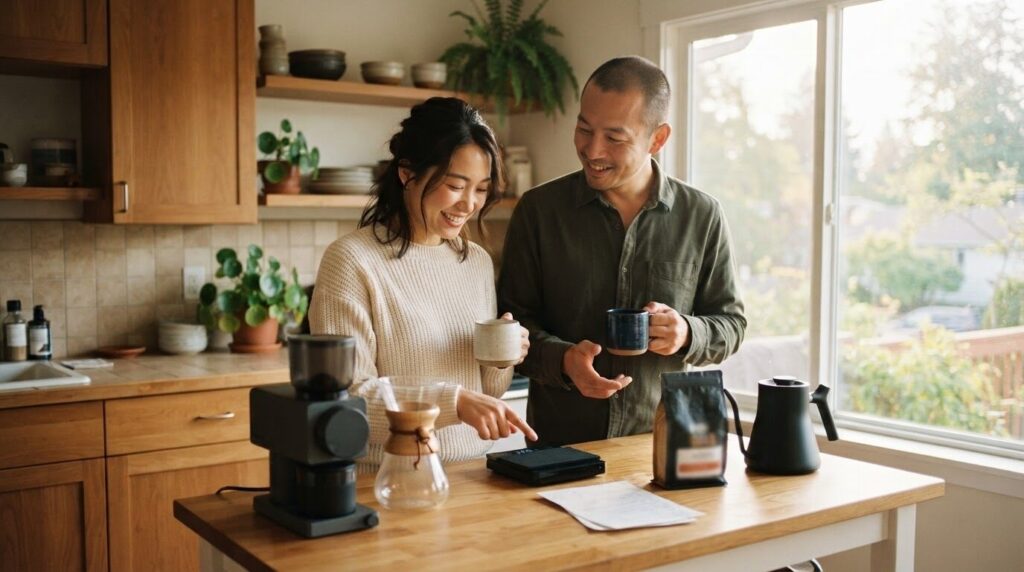 朝の日差しが入るキッチンで、淹れるコーヒーの杯数を相談しながら楽しそうにしている日本人夫婦